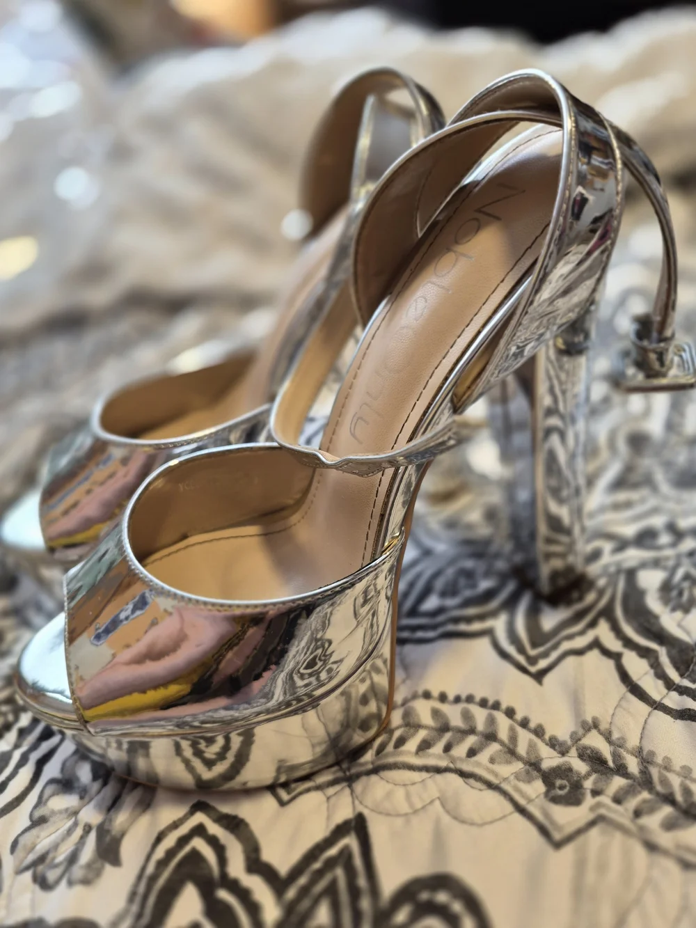 Size 10 Silver High Platform Sandals with Ankle Strap